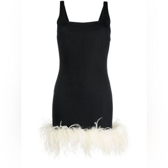 MANURÍ Rinna Ostrich Feather Trim Square Neck Dress Black White Revolve Small - Picture 4 of 9